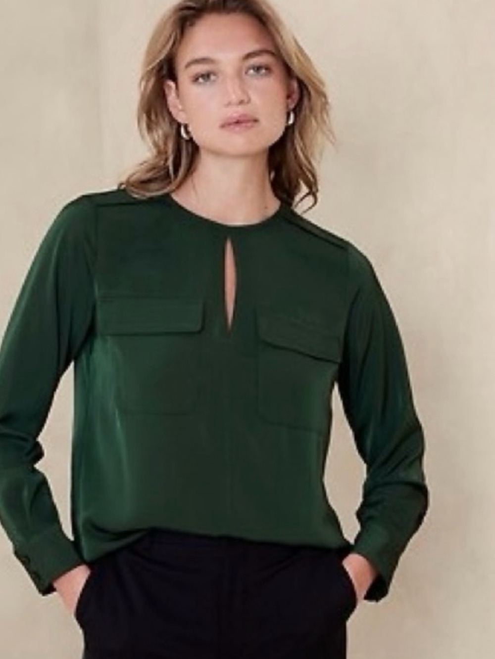 Banana Republic Dark Green Long-Sleeve Keyhole Blouse